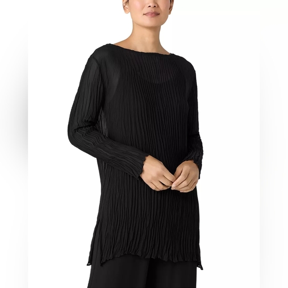 Eileen Fisher Crinkled Silk Boat Neck Tunic Top Dress Cover Up Black S - Picture 2 of 10